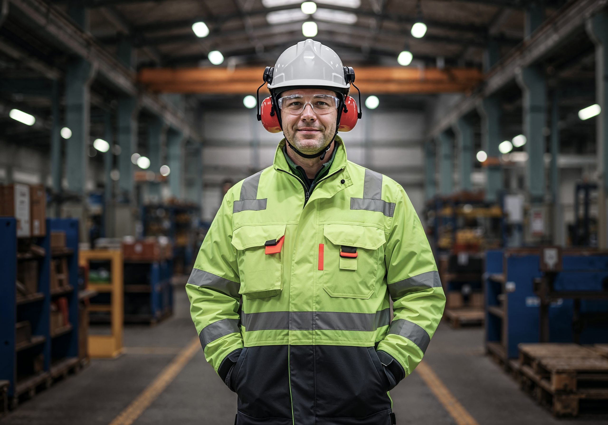 un-ouvrier-dans-une-usine-avec-une-veste-de-securite-verte-un-casque-et-une-protection-auditive