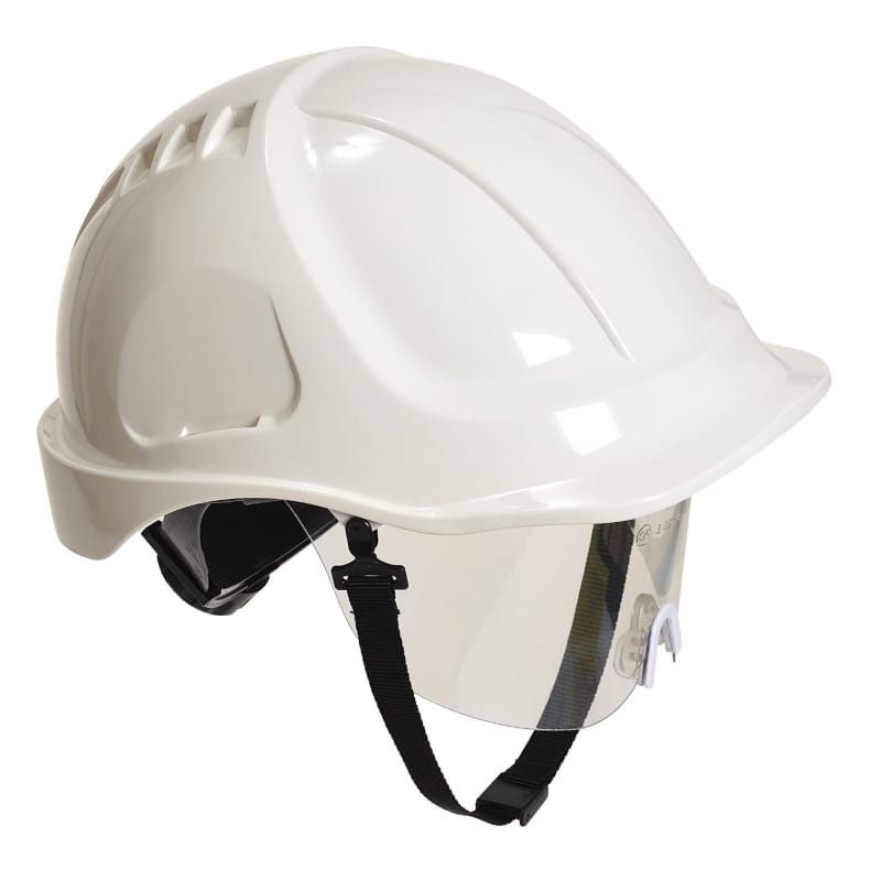 Casque de chantier Portwest blanc/jaune, avec visière de protection intégrée, conforme EN 397, distribué par Merlin Textile.