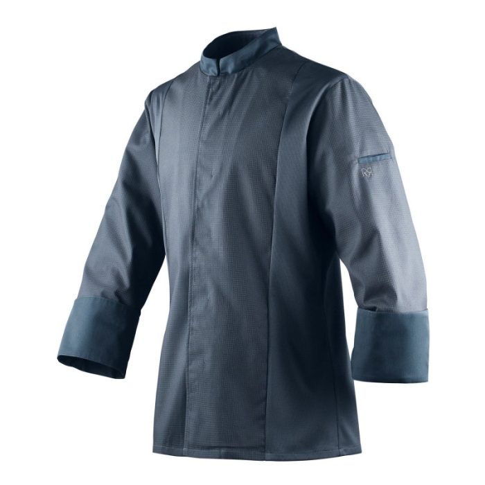 Chef portant une veste de cuisine slim en nid d’abeilles blanche SIAKA Robur, disponible chez Merlin Textile