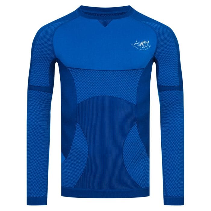 Haut thermique homme technique, manches longues, couleur bleu marine, avec zones de ventilation.