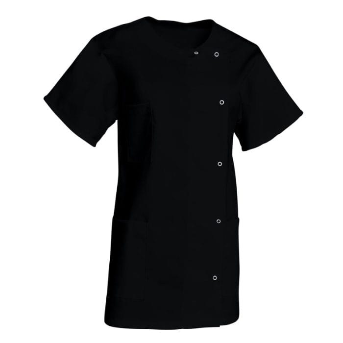 Tunique médicale femme cintrée modèle Noémie de la marque SNV, couleur blanc avec liserés contrastés, col officier.