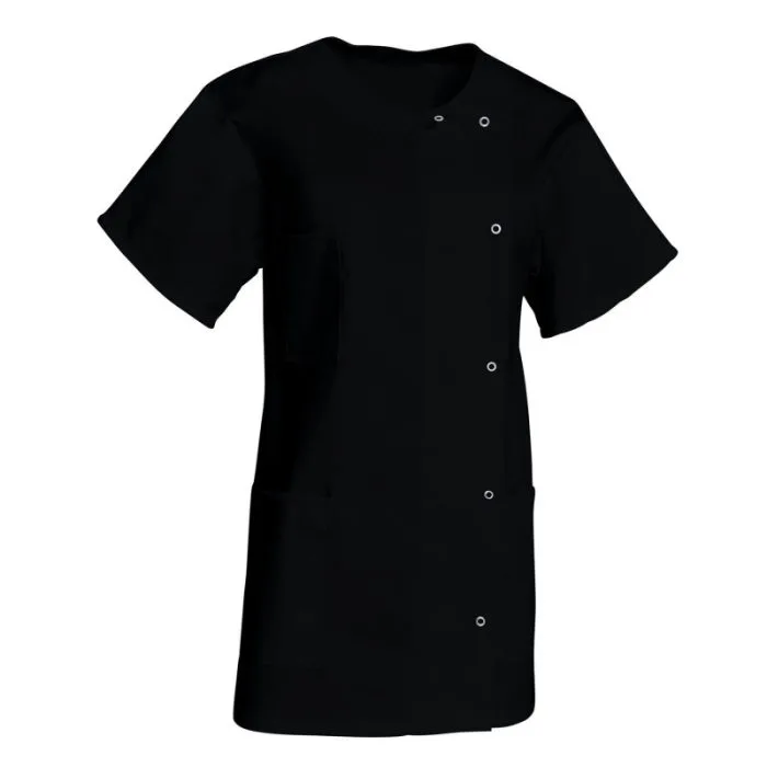 Tunique médicale femme cintrée modèle Noémie de la marque SNV, couleur blanc avec liserés contrastés, col officier.