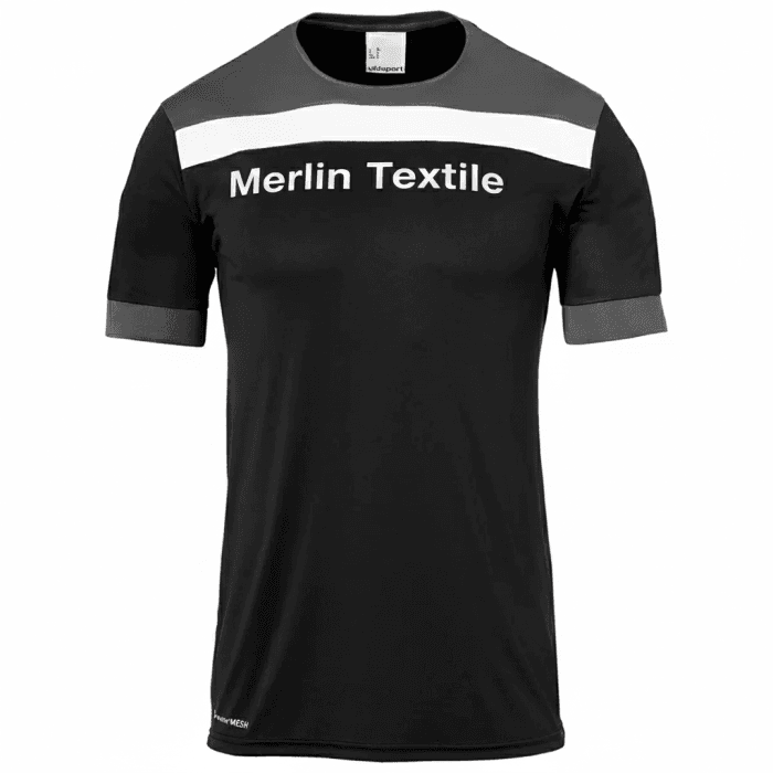 Maillot de sport homme pro avec logo Merlin Textile sur la poitrine, coloris blanc et noir, tissu technique respirant.