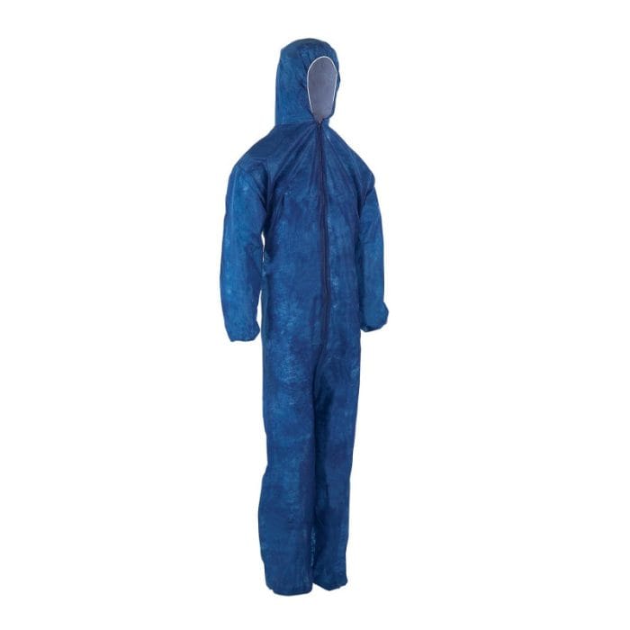 Combinaison de protection intégrale bleue avec capuche, équipement de protection individuelle (EPI) distribué par Merlin Textile au Maroc.