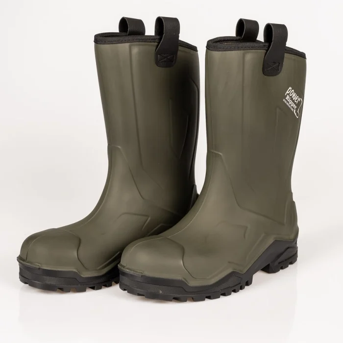 Bottes de sécurité professionnelles étanches Polly Boot Galaxy Rigger couleur kaki avec anses de préhension.