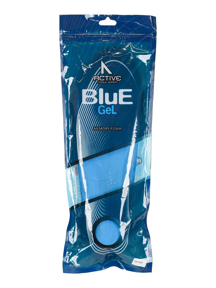 Semelles intérieures ergonomiques en gel bleu à mémoire de forme pour chaussures de sécurité et de travail.