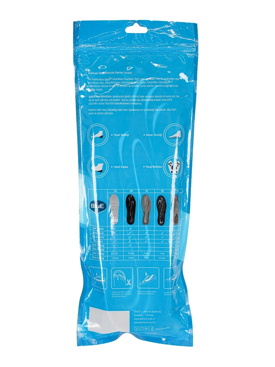 Semelles intérieures ergonomiques en gel bleu à mémoire de forme pour chaussures de sécurité et de travail.