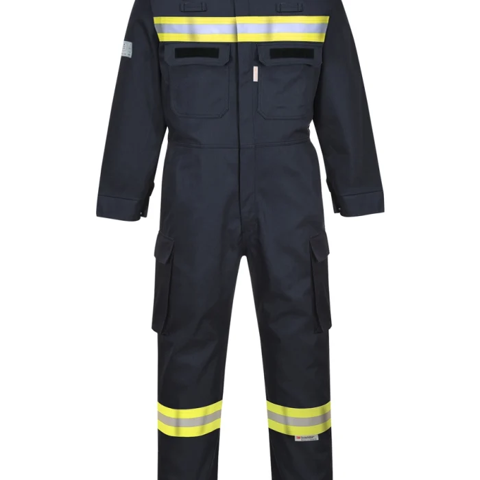 Combinaison de travail Nomex ignifugée bleu marine pour professionnels au Maroc, avec bandes réfléchissantes haute visibilité.