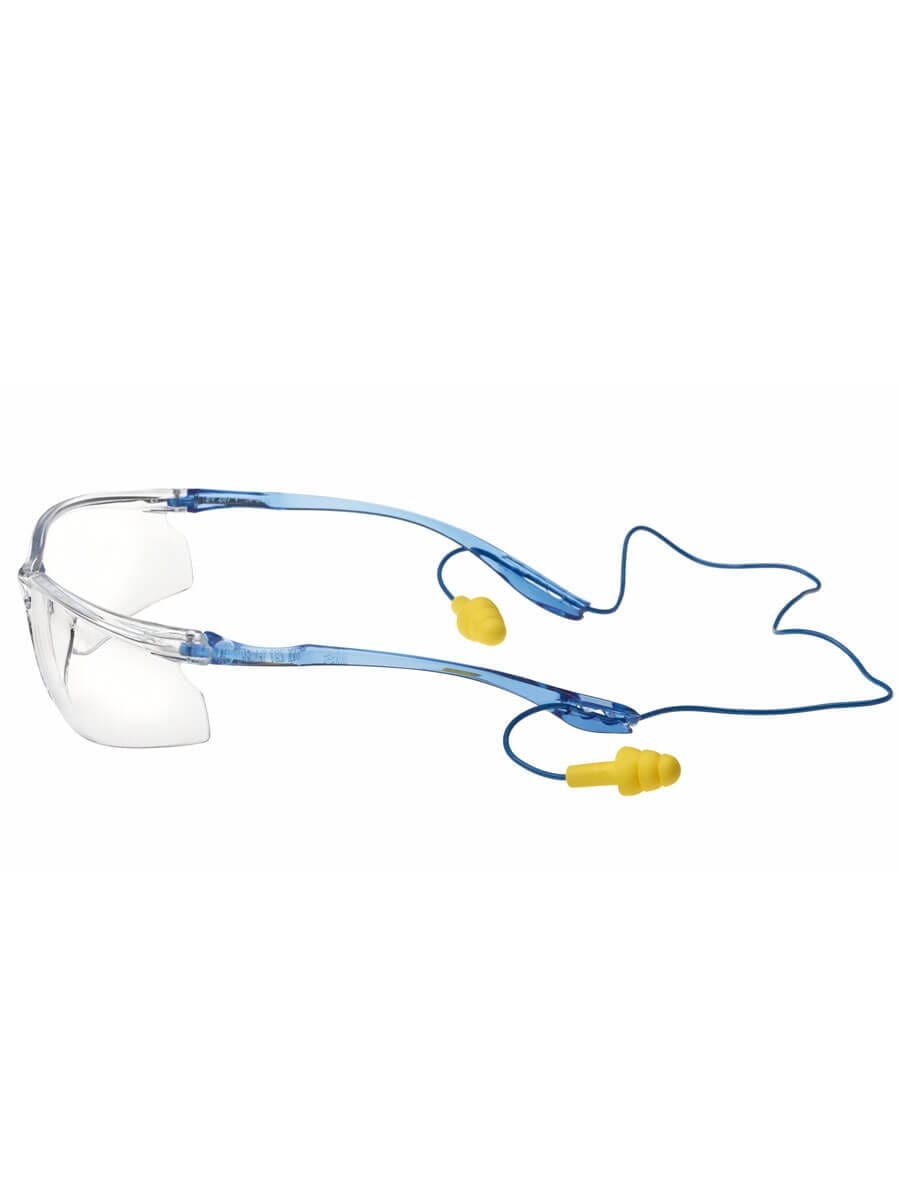 Lunettes de protection transparentes 3M avec branches bleues et système de fixation pour bouchons d'oreilles Merlin Textile
