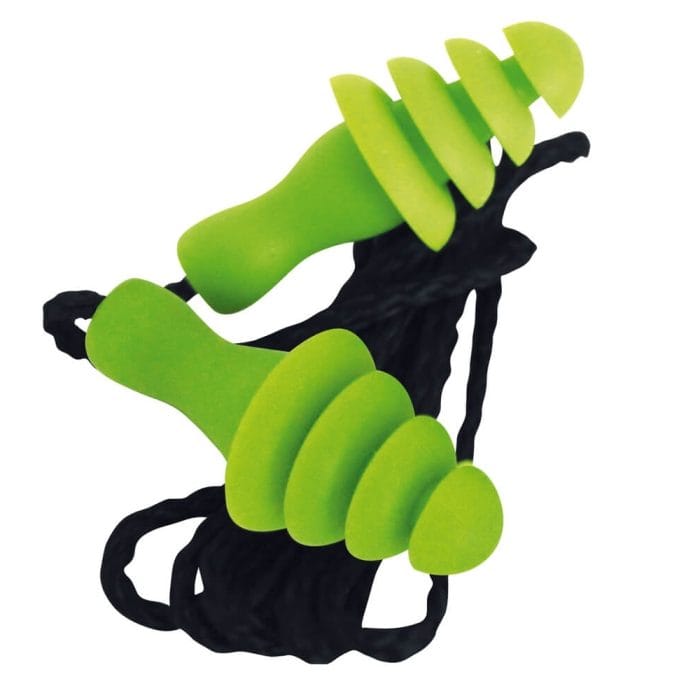Paire de bouchons d'oreilles réutilisables à triple ailette vert fluo avec cordon noir Merlin Textile