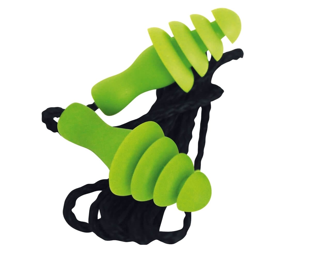 Paire de bouchons d'oreilles réutilisables à triple ailette vert fluo avec cordon noir Merlin Textile