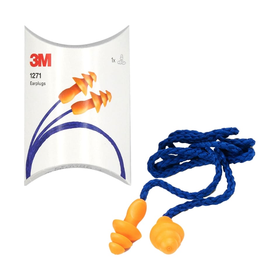 Bouchons d'oreilles réutilisables orange avec cordon bleu et boîte de rangement 3M 1271 Merlin Textile